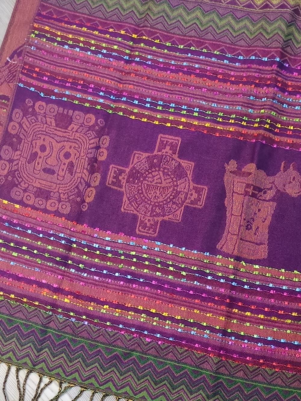 Boho Andean Pashmina Style Shawl Wrap Scarf Purple Fringe 27x70 Inca Southwester - Picture 14 of 14